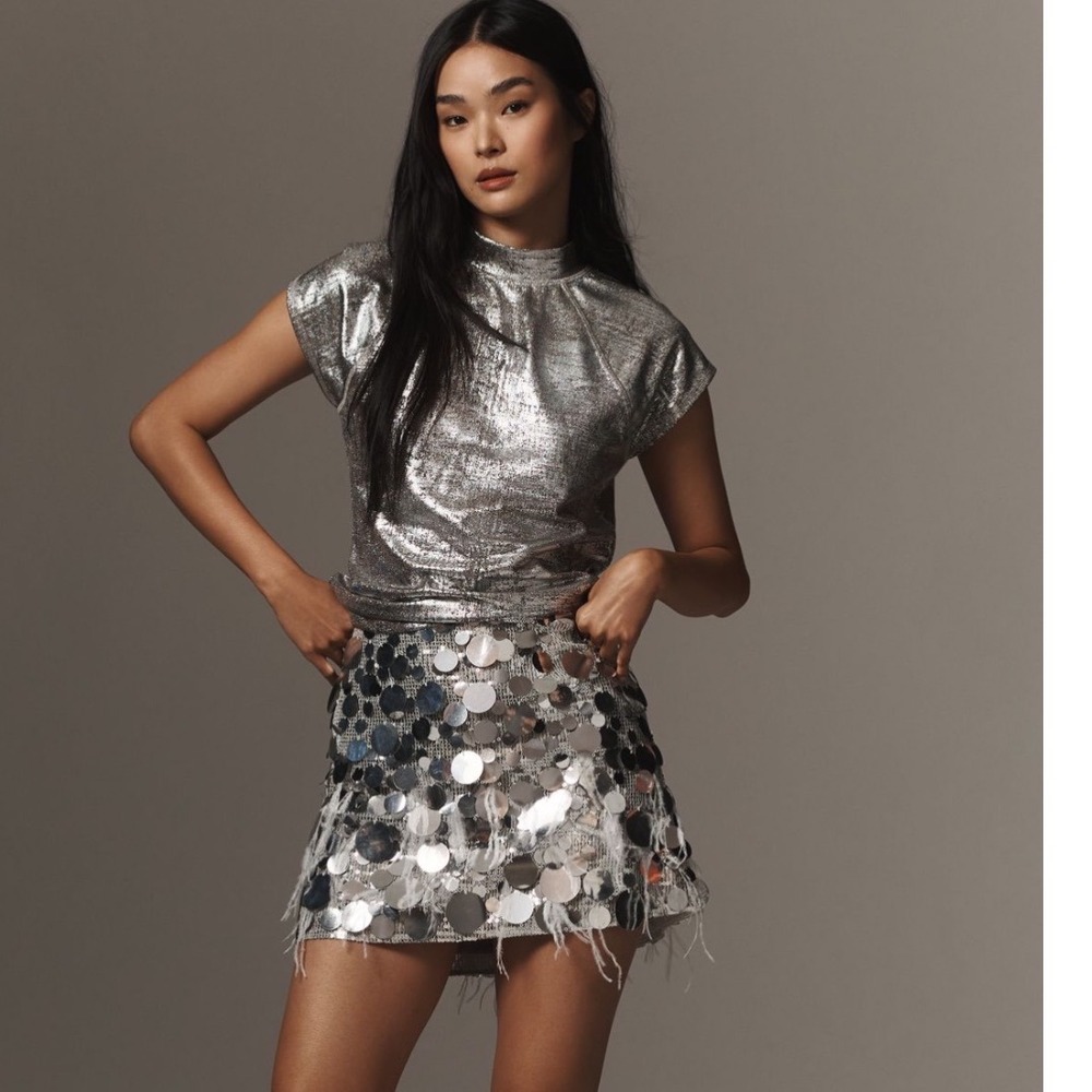 Anthropologie Pilcro Silver Metallic Mock Neck Cap Sleeve Top Small